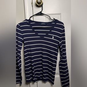 Navy Striped Long Sleeve V Neck